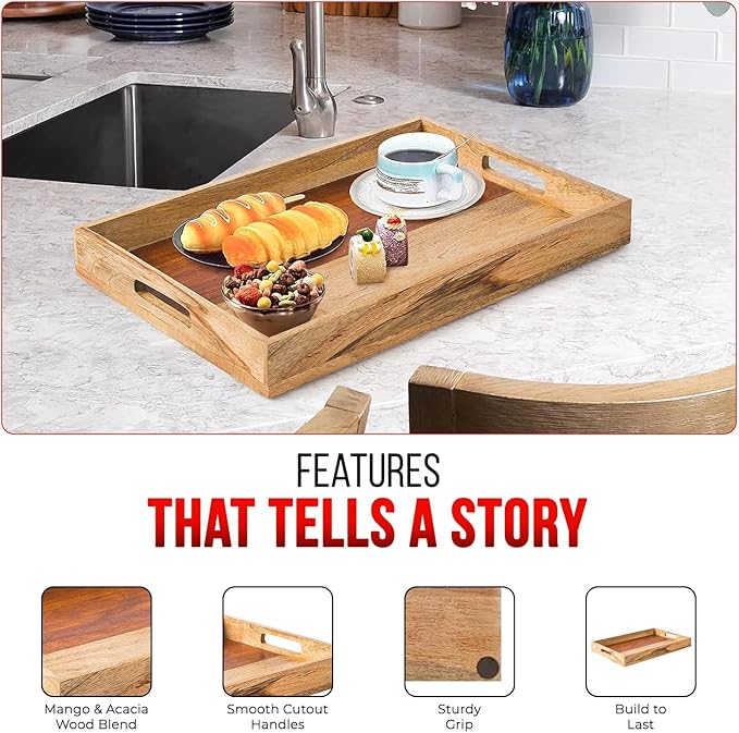 Mela Artisans Wooden Serving Tray with Handles | 15x10x1.75 inch | Mango Wood Decorative Tray | Ottoman Tray | Snacks | Desserts | Breads | Coffee Table | Bedroom | Rectangular Edge Design