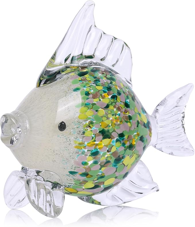 9.4 in Blown Colored Glass Fish Statue, Green Glass Fish Paperweight Sculpture for Modern Home Decor, Living Room Coffee Table, Office Desk, Dining Table Centerpiece, and Window Display (D)