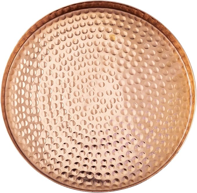 MyGift 11 Inch Deluxe Hammered Copper Round Decorative Tray - Aluminum Plated Serving Display Platter and Vanity Tray - Handcrafted in India
