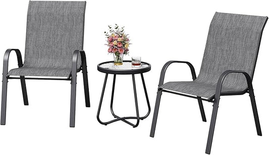 Amopatio 3 Piece Patio Set, Outdoor Stackable Dinging Chairs for All Weather, Breathable Garden Outdoor Furniture for Backyard Deck, Dark Grey