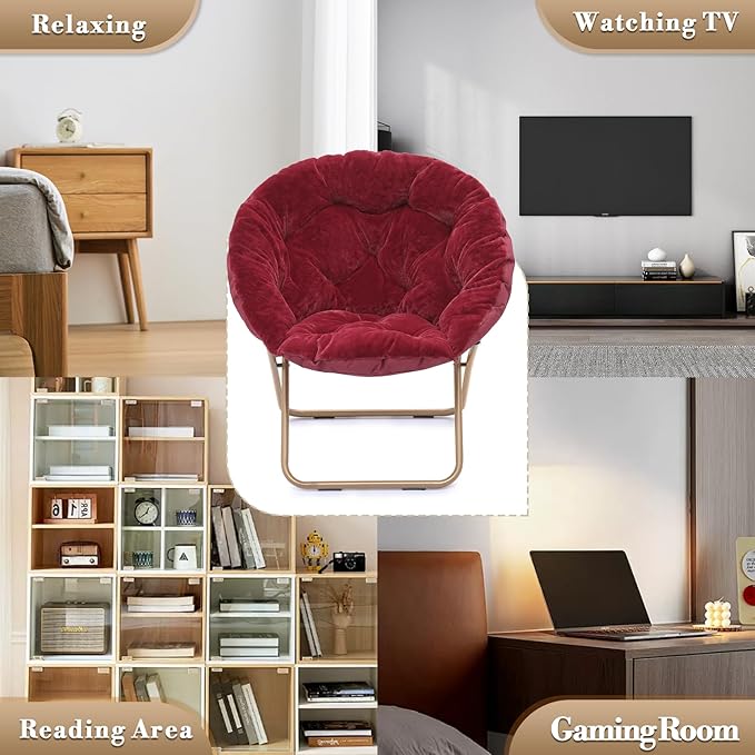 Athena Collection Comfy Saucer Chair Folding Cozy Chair for Bed Room Living Room Accent Chair Faux Fur Reading Chair Foldable Metal Frame Lazy Chair Moon Chair for Adult Set of 2, Red