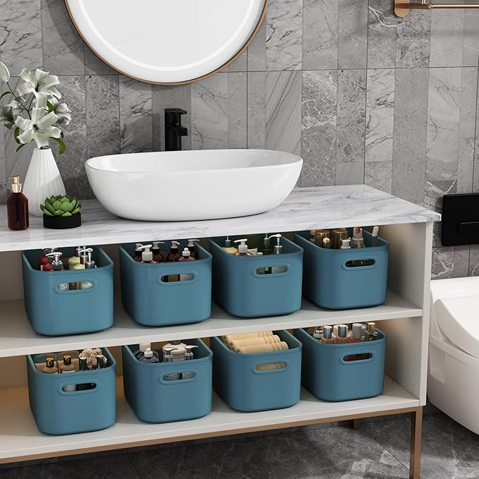 8 Pack Blue Storage Bins with Lids for Shelves, Classroom Storage Bins, Stackable Colored Bins, Plastic Storage Containers with Lids for Organizing, Storage Boxes for Craft, Art Supplies