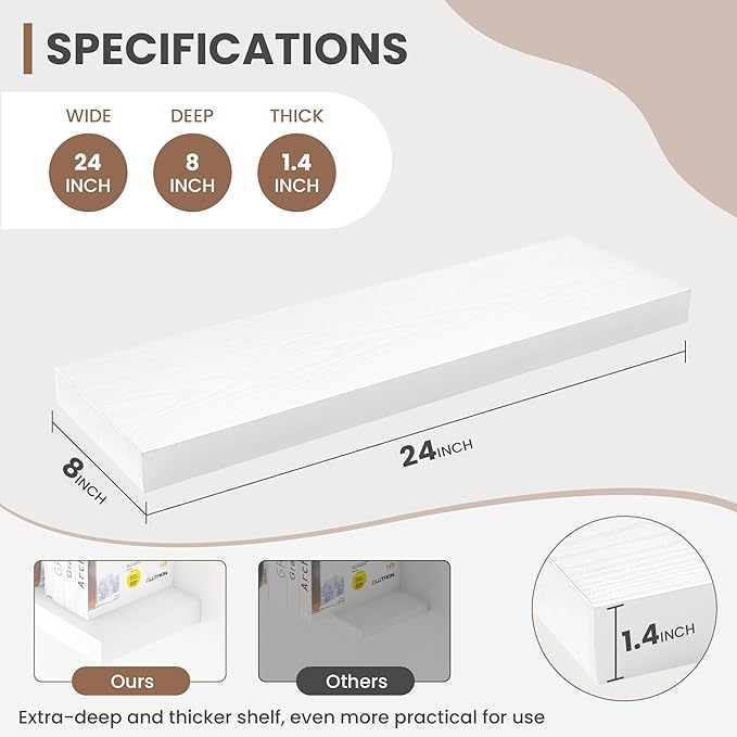 24 Inch Floating Shelves, 8 Inch Deep Floating Shelves for Wall, Hanging Shelf with Invisible Brackets, Deep Shelves for Bathroom, Bedroom, Living Room, White, Set of 2