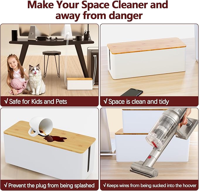 Cable Management Box,Wooden Style Large Cable Organizer Box for Office and Home,Cable Organizer Box with Proof Lock for Baby-Pets,12.5" (L) x 5" (W) 5.3" (H)（White,1Pack