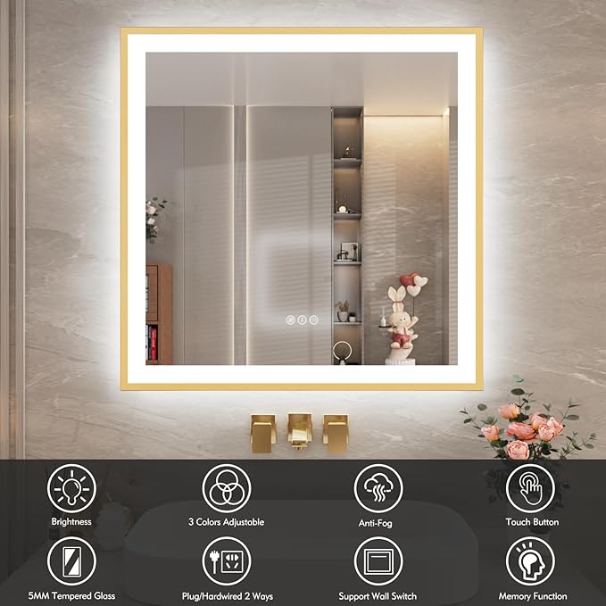 36x36 LED Mirror for Bathroom with Gold Frame, Backlit and Front Lighted Bathroom Mirrors for Wall, Stepless Dimmable Vanity Mirror with Lights, Anti-Fog, Memory,Shatterproof