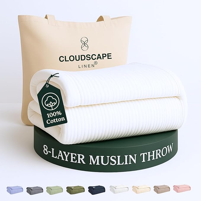 Cloud Scape Linen Extra Large 8-Layer Muslin Throw Blanket, 100% Cotton Gauze Blanket for Couch, Sofa, Bed, Lightweight, Suitable for All Season,50x70, White