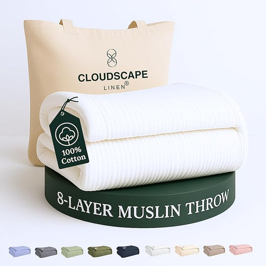 Cloud Scape Linen Extra Large 8-Layer Muslin Throw Blanket, 100% Cotton Gauze Blanket for Couch, Sofa, Bed, Lightweight, Suitable for All Season,50x70, White