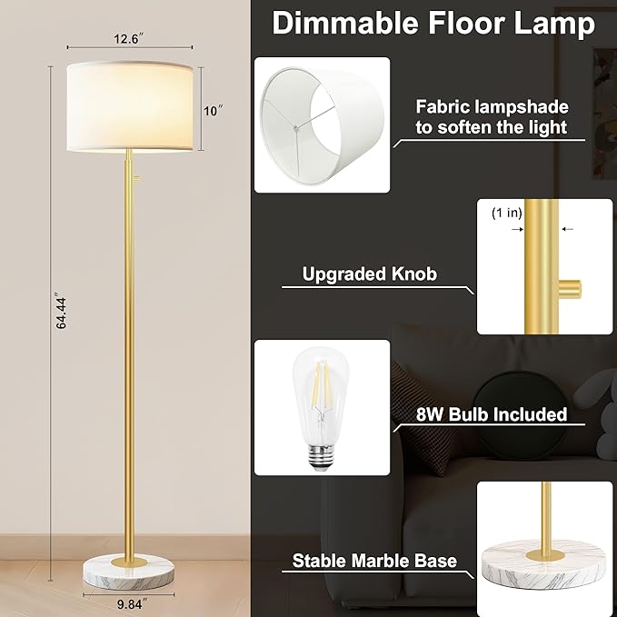 Dimmable Floor Lamps for Living Room,Gold Floor Lamp,Modern Standing Lamp with Marble Base,Tall Floor Lamp for Bedroom, Reading,Office & Kids' Room,LED Bulb Included(Gold)