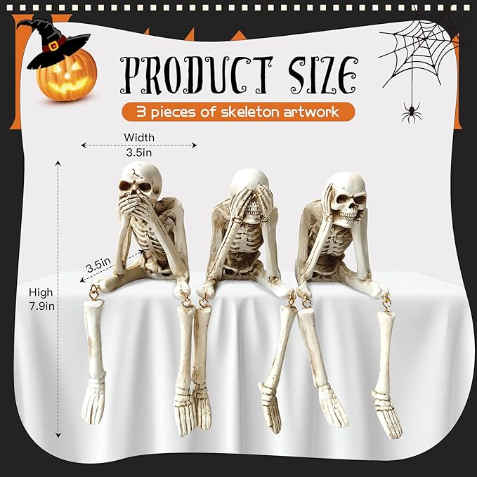 Halloween Skeleton Statues Set of 3 – See No Evil, Hear No Evil, Speak No Evil, Resin Skull Figurines for Gothic Home Decorations, Shelf Mantel Decor, Tabletop Halloween Decor Indoor (3-Piece Set)