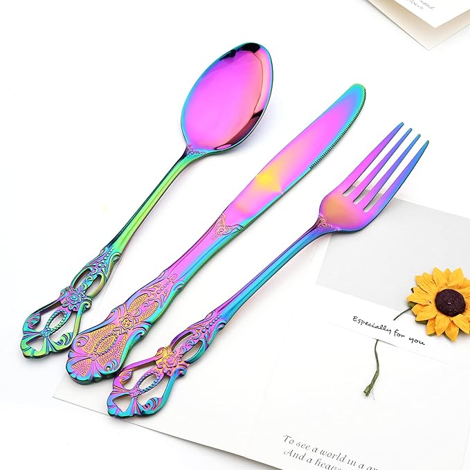 Elegant Rainbow Silverware Set with Steak Knives 5 Piece Flatware Sets for 1 Utensils, 18/10 Stainless Steel Colorful Cutlery Set Include Knifes Forks Spoons, Mirror Polished Dishwasher Safe