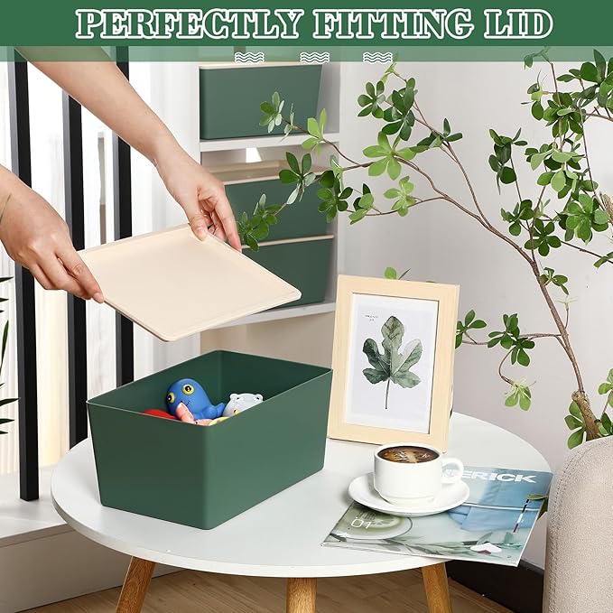 Menkxi 4 Pcs Storage Bins with Lids Plastic Containers Stackable Storage Box Baskets for Organizing Shelves(Green,Large)