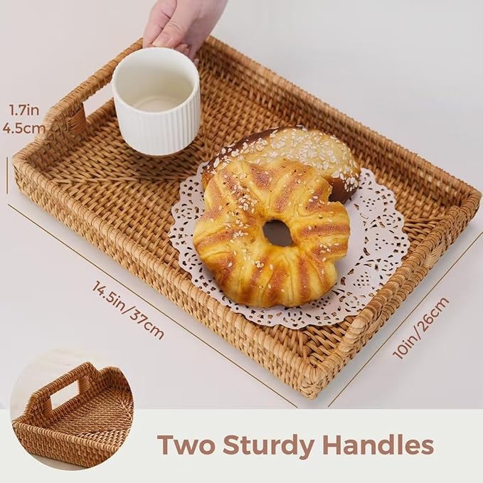 Wicker Tray Rectangle with Handles, Handmade Rattan Natural Woven Tray, Rattan Serving Wicker Trays for Decor Storage, Coffee Table Basket Trays for Breakfast Bread Fruit Snack