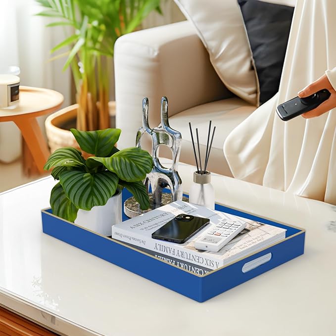 MAONAME Navy Blue Serving Tray with Handles, Modern Decorative Tray for Coffee Table, Plastic Rectangular Tray for Ottoman, Bathroom, Decor, 15.8” x 10.2” x1.4