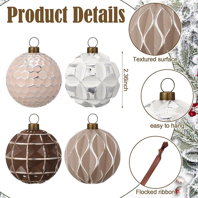 Syhood 24 Pcs Neutral Textured Christmas Ball Ornaments 2.4 Inch Vintage Xmas Tree Decorations Rustic Distressed Xmas Baubles Antique Farmhouse Modern Christmas Decor for Tree Home (Earth Tones)