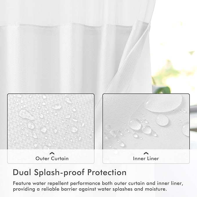 Mrs Awesome No Hook Shower Curtain with Snap-in Liner, Embossed Waffle Design Fabric Shower Curtain for Bathroom, Soft & Lightweight, 71x86, White