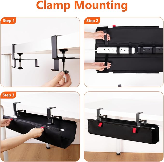 No Drill Under Desk Cable Management Tray - 28" Cord Management Under Desk - No Drill Needed - Easy Clamp - Premium Fabric Cable Management Tray for Office/Home