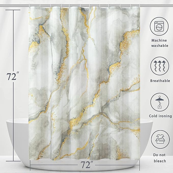 Marble Shower Curtain, Grey Marble Shower Curtain Set with 12 Hooks, Abstract Luxury Gray White Marble with Gold Veins Texture Shower Curtains for Bathroom, Waterproof Fabric, 72" W X 72" L