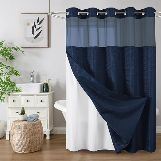 Colorful Star No Hook Shower Curtain with Snap in Fabric Liner, Waffle Weave Heavy Duty Thick Shower Curtains with Mesh Top Window, Hotel Style Waterproof Bathroom Curtain Set, 72 x 81 Inch, Navy Blue
