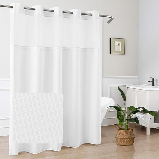Mrs Awesome No Hook Shower Curtain with Snap-in Liner, Embossed Waffle Design Fabric Shower Curtain for Bathroom, Soft & Lightweight, 71x86, White
