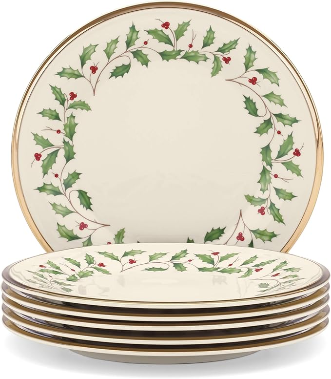 Lenox Holiday 6-Piece Salad Plates Dinnerware Set, Service For 6, Porcelain, Dishwasher Safe, Round Plates Set, Ivory Red & Green, Perfect for Gatherings, Hosting, Christmas Dinnerware (Ivory 6 Piece)