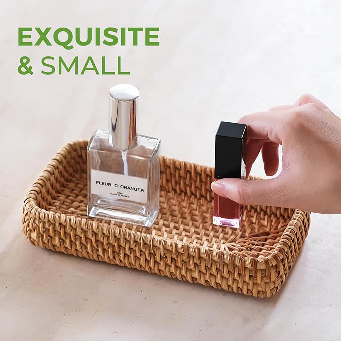 Small Rattan Serving Tray, Natural Wicker Decorative Tray Handwoven for Keys Trinkets Rings Cosmetics, Decorative Jewelry Perfume Tray for Coffee Table Entryway Living Room(8.2" × 4.3")