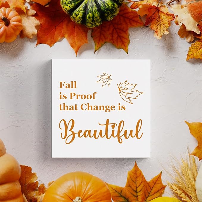 HTBIG Fall Is Proof That Change Is Beautiful Wooden Box logo for Home Fall Office Decor Rustic Wooden Shelf Desk House Room Indoor Desktop Decor 5 x 5 Inch