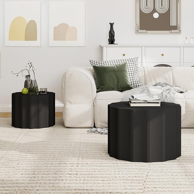 Nesting Coffee Table Set of 2, Round Coffee Tables, Space-Saving Modern Circle Coffee Tables, Side End Table for Living Room, Bedroom, Balcony, Office, Black