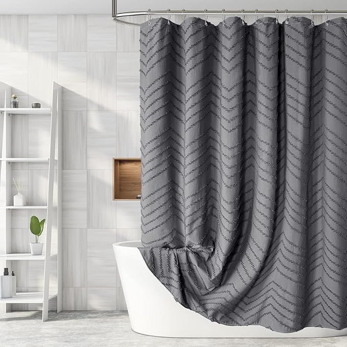 Extra Long Grey Boho Shower Curtain 78 Inch Grey Tufted Chevron Striped Fabric Shower Curtains for Bathroom Modern Shabby Chic Waterproof Cloth Shower Curtains