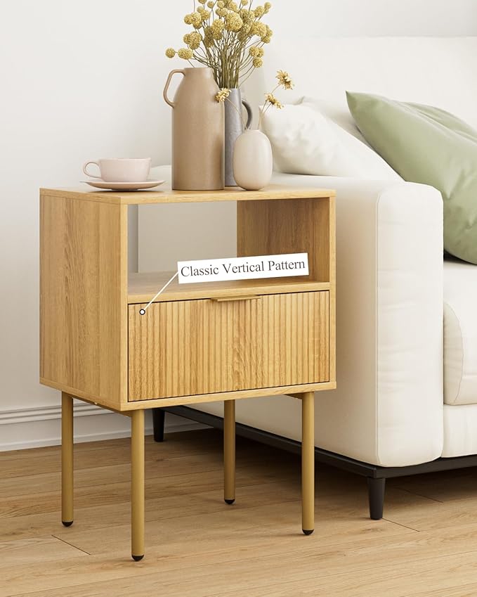 Masupu Night Stand,Mid-Century Modern Bedside Table with Storage Drawer and Open Wood Shelf,Small Gold Frame Side Table for Bedroom,Living Room, Natural