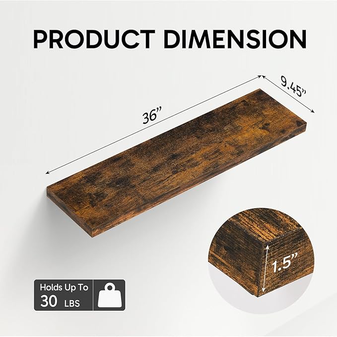 BAYKA Floating Shelves, 36 inch Wall Mounted Rustic Wood Shelves for Bathroom, Bedroom, Living Room, Kitchen, Office, Hanging Shelf for Books/Storage/Decor(Rustic Brown,Set of 2)