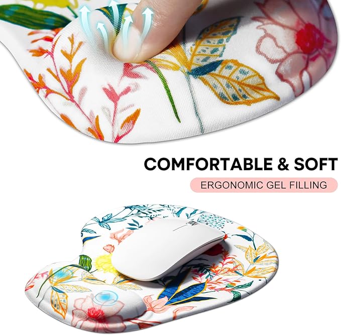JIKIOU Mouse Pad, 2 Pack Ergonomic Mouse Pads with Comfortable Gel Wrist Rest Support and Smooth Cloth, Non-Slip PU Base for Easy Typing Pain Relief Durable and Easy to Clean Small White Flowers