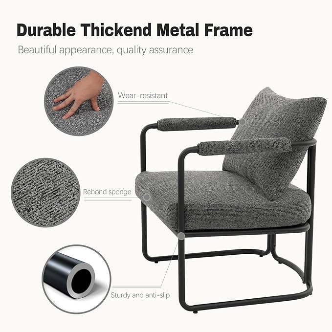 Mid-Century Modern Accent Chair, Comfy Upholstered Lounge Arm Chair with Chenille Fabric for Living Room, Bedroom, Apartment, Reading Corner, Office, Dark Grey