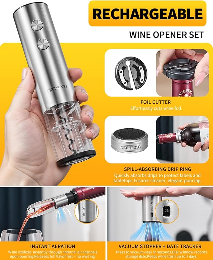 CIRCLE JOY Electric Wine Opener Rechargeable 5-in-1 Stainless Steel Wine Bottle Opener Premium Gift Set with Foil Cutter, Wine Aerator Pourer, Wine Drip Ring & Vacuum Stopper for Wine Lovers
