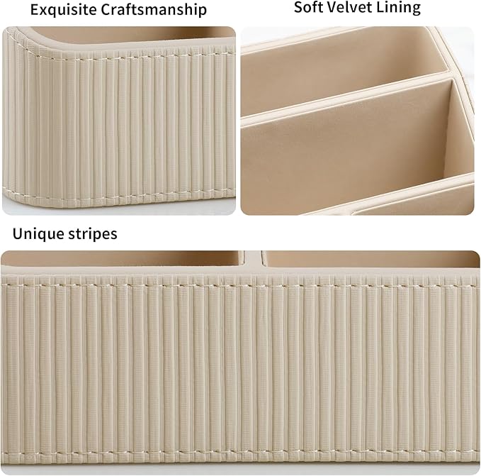 Remote Control Holder with 4 Compartments, PU Leather Small Nightstand Organizer for Home Desk Accessories Office Supplies, Multifunctional Stylish Small Bedside Desktop Organizers (Beige)