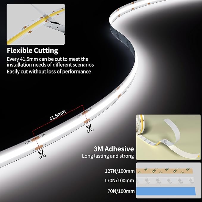 PAUTIX COB LED Strip Light 32.8ft/10m 5040LEDs White 6000K,High Lumen Flexible CRI93+ LED Tape Super Bright DC24V,for Cabinet Home DIY Lighting Projects(Power Supply & Controller Not Included)