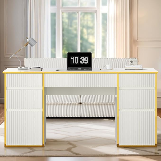 58 Inch White Desk with Drawers, Home Office Desk with 7 Drawers, Fluted Computer Desk with File Drawers for Study, White and Gold Executive Desk for Living Room, Bedroom
