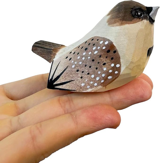 Wooden Bird Figurines Funny Desk Accessories Hand Carved Wood Decorative Small Birds Animal Miniature Statues Ornament for Home Room Decor (Brown Dots)
