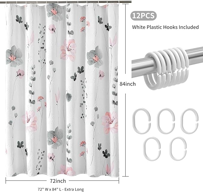 QiyI Extra Long Shower Curtain 72 x 84, Modern Watercolor Floral Bath Curtain, 3D Embossed Textured Grey Pink Flower Cloth Bathroom Curtains, Waterproof Fabric Farmhouse Shower Curtain Set with Hooks
