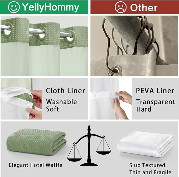 YellyHommy No Hook Shower Curtain with Snap in Liner Set Less Time Sage Green Waffle Shower Curtain for Bathroom 87" L x 72" W