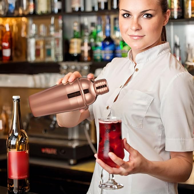 Nitial 6 Pcs Bar Cocktail Shaker Professional Stainless Steel Martini Drink Mixer Built-in Strainer for Bartending No Leaks Shaker for Bar Party Drink Mixer (Rose Gold,18.6 oz)