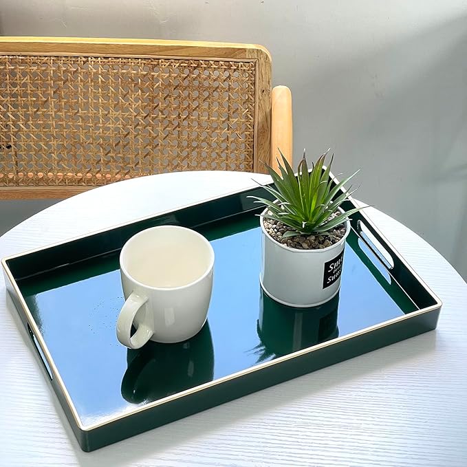 Zosenley Decorative Tray, Rectangular Plastic Tray with Handles, Modern Vanity Tray and Serving Tray for Bathroom, Kitchen, Ottoman and Coffee Table, 15.6” x 10.2”, (Rectangular, Blackish Green)