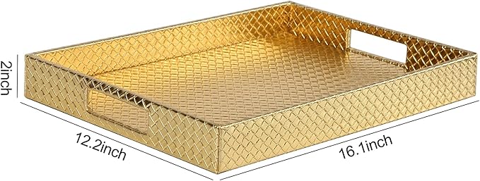 HofferRuffer Rectangle Serving Tray with Hole Handles for Coffee Table, Breakfast, Tea, Food, Butler - Countertop, Kitchen, Vanity Serve Tray, 16.2 x 12.2 x 2 inches, Faux Leather (Gold)
