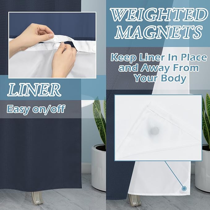 Navy Blue No Hook Shower Curtain with Snap in Liner,230GSM Waffle Weave Shower Curtains for Bathroom,71W x 74H