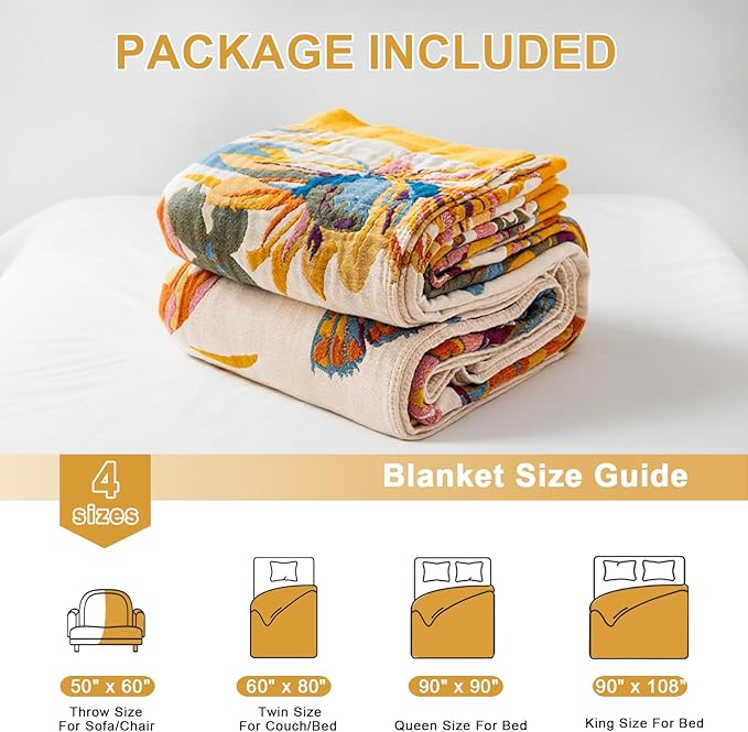 Boho Throw Blanket for Bed 60"x80", 100% Soft Cotton Bohemian Blankets with Rustic Floral Printed Decor, Fall Throw Blanket for Couch Cozy Breathable Twin Size All Season
