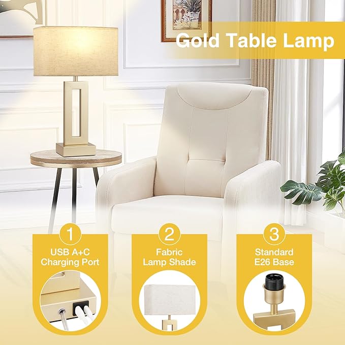 Bedroom Table Lamps Set of 2 - Beige Gold Touch Bedside Lamps with USB C+A, 3 Way Dimmable Gold Lamp for Nightstand, Modern Night Stands Lamps for Living Room