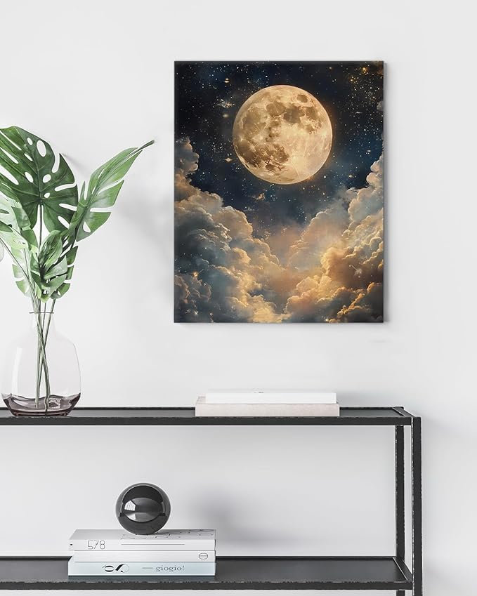 Aesthetic Celestial Moon Wall Art Decor Night Sky Moon Dark Academia Canvas Print Poster Framed Picture Painting for Home Living Room Bedroom Wall Decor 8x10 Inch