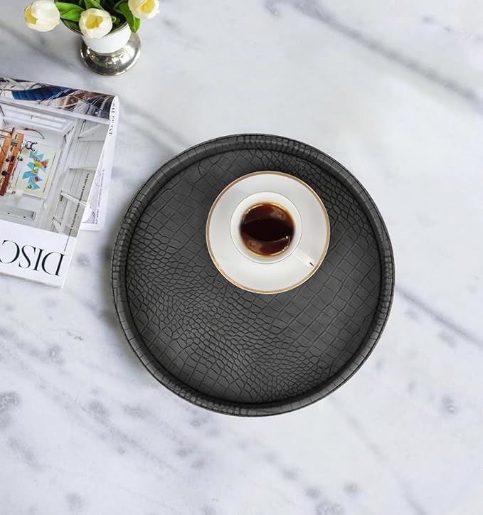 HofferRuffer Faux Leather Round Serving Tray, Vegan Croco Leather Decorative Tray, Food Tray for Storage Drinks, Snack & Cosmetics, Dia.12'' x 1.6'' (Dark Grey)