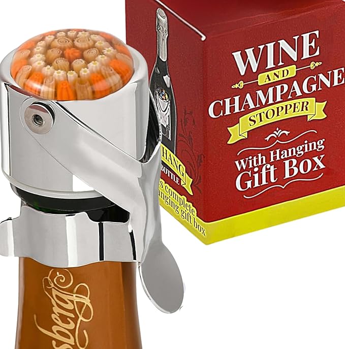Wine Stopper & Champagne Stopper All In One - Patented Seal, Preserves Bubbles & Taste for Prosecco, Cava, and Wine – 1 Pro Grade Evan James Bottle Stopper With Hanging Gift Box