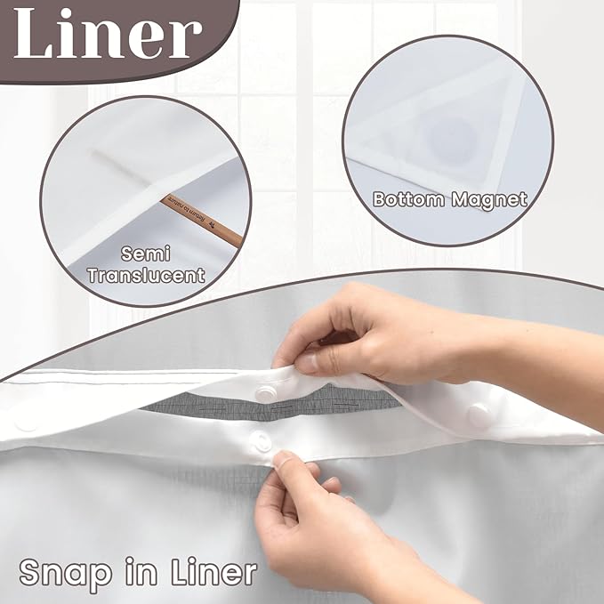 No Hook Slub Textured Shower Curtain with Snap in Liner - Dark Gray Fabric Outer Curtain & Waterproof Inner Liner, Hotel Style with See Through Top Window, 71x80 in