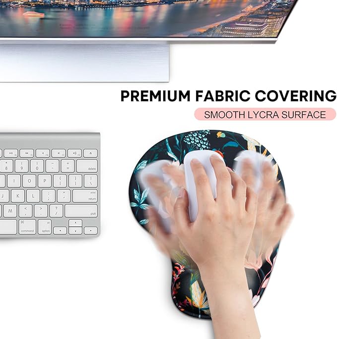 JIKIOU Mouse Pad, 2 Pack Ergonomic Mouse Pads with Comfortable Gel Wrist Rest Support and Smooth Cloth, Non-Slip PU Base for Easy Typing Pain Relief Durable and Easy to Clean Small Black Flowers
